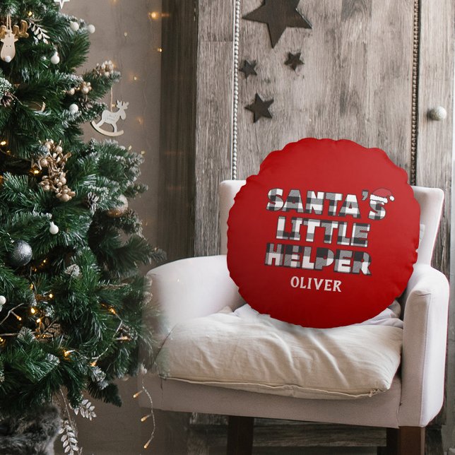 Cojín Redondo Santa's Little Helper Personalized  (santa's little helper Christmas personalized round pillow. black and white plaid check design)
