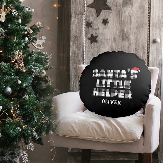 Cojín Redondo Santa's little helper Personalized  (personalized santa;s little helper pillow. black and white plaid check. )