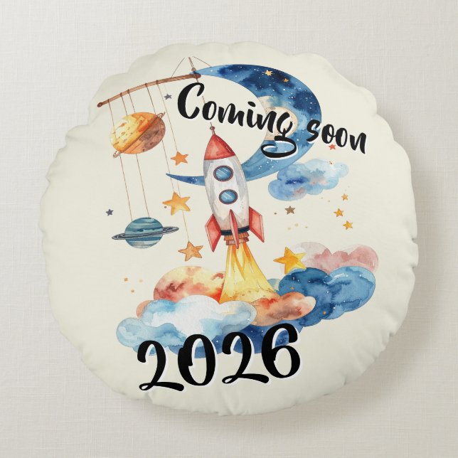 Cojín Redondo Schwangerschaft verkünden 2026 Rakete Weltraum  (Anverso)