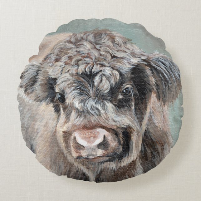 Cojín Redondo Scottish Highland Calf on Green (Anverso)