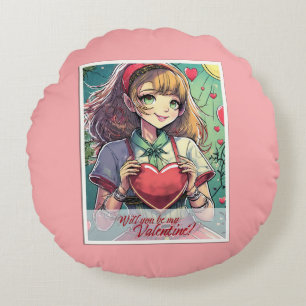 Cojín Redondo Sé mi San Valentín al estilo Manga 33419