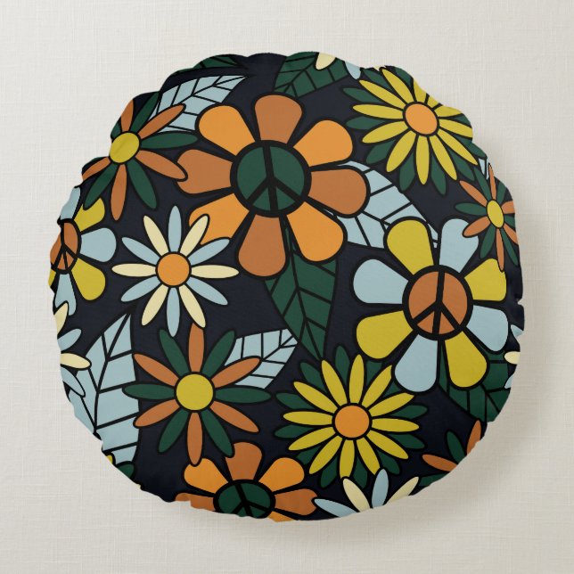 Cojín Redondo Seamless 70's retro hippie flowers pattern - Vinta (Anverso)