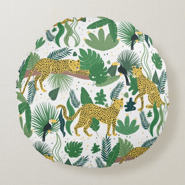 Cojín Redondo seamless pattern of leopards in jungle. Summer tro (Anverso)