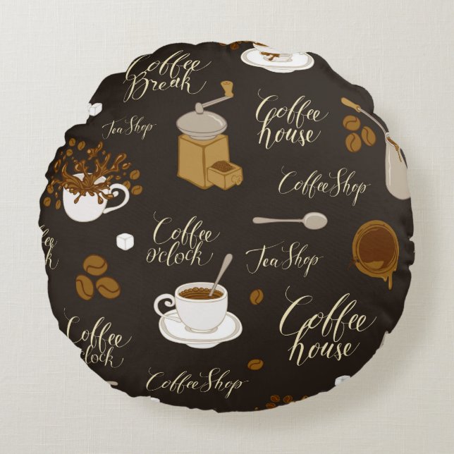 Cojín Redondo Seamless pattern on tea and coffee theme in retro  (Anverso)