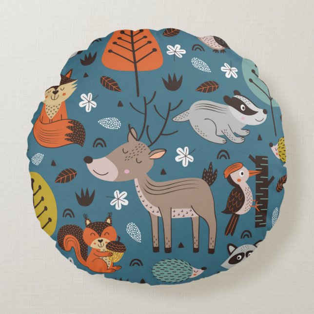 Cojín Redondo Seamless pattern with forest animals on blue backg (Anverso)