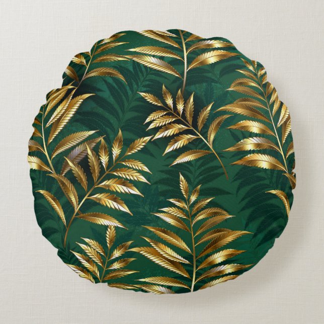 Cojín Redondo Seamless pattern with golden ferns (Anverso)