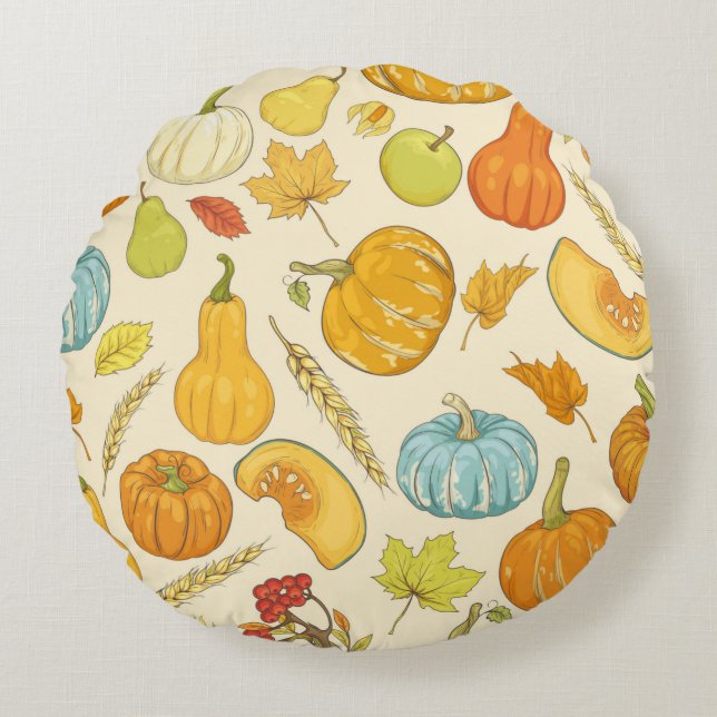 Cojín Redondo Seamless pattern with pumpkins, autumn leaves, app (Anverso)