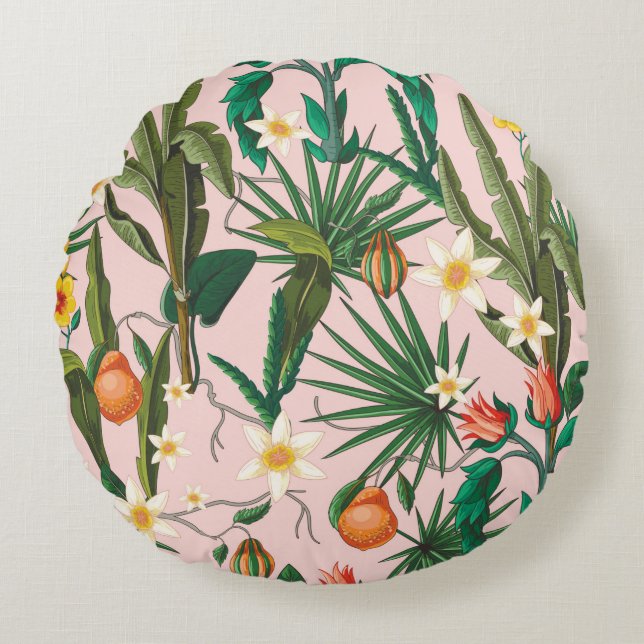 Cojín Redondo Seamless pattern with tropical leaf, flowers and f (Anverso)