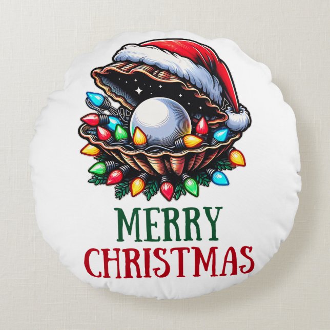 Cojín Redondo Seashell Clam Shell Beach Navidades Gorra Navidad (Anverso)