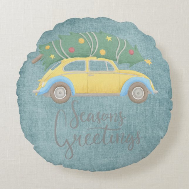 Cojín Redondo Seasons Greetings Holiday Car & Tree (Anverso)