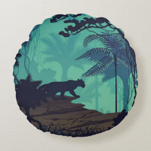 Cojín Redondo Selva tropical, fondo de la noche jaguar.