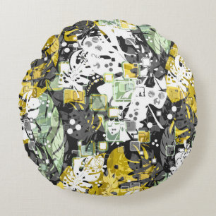 Cojín Redondo Selva tropical sin foco hojas exóticas abstractas 