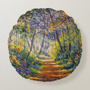 Cojín Redondo Sendero del impresionismo: Sunny Forest Watercolor