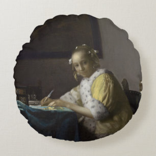 Cojín Redondo Señora Writing una letra de Juan Vermeer