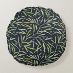 Cojín Redondo Serene Green Leafy Vines with Pink Flowers<br><div class="desc">Pattern of green leafy vines with small pink flowers on a dark blue background. The design is lush and organic,  conveying a sense of tranquility and nature.</div>