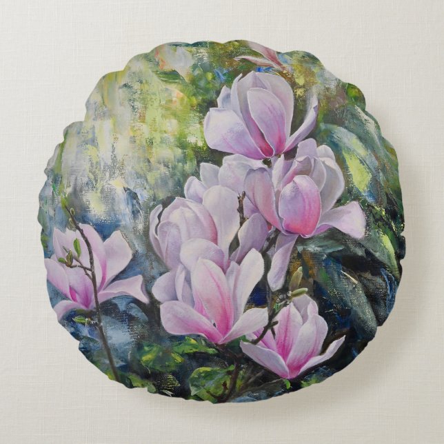 Cojín Redondo Serenidad de Magnolia - Arte floral de Lukian (Anverso)