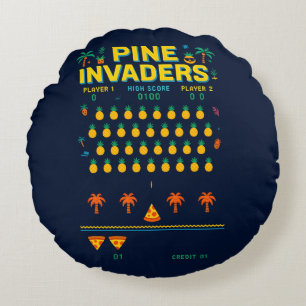 Cojín Redondo Serie de Juegos Retro de Pine Invaders-Pineapple E