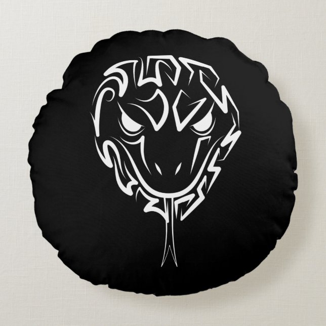 Cojín Redondo Serpiente Tribal Negra y Blanca (Anverso)