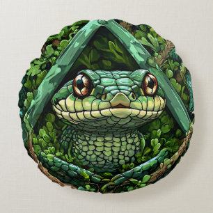 Cojín Redondo Serpiente Verde Vibrante Entre Hojas Gruesas