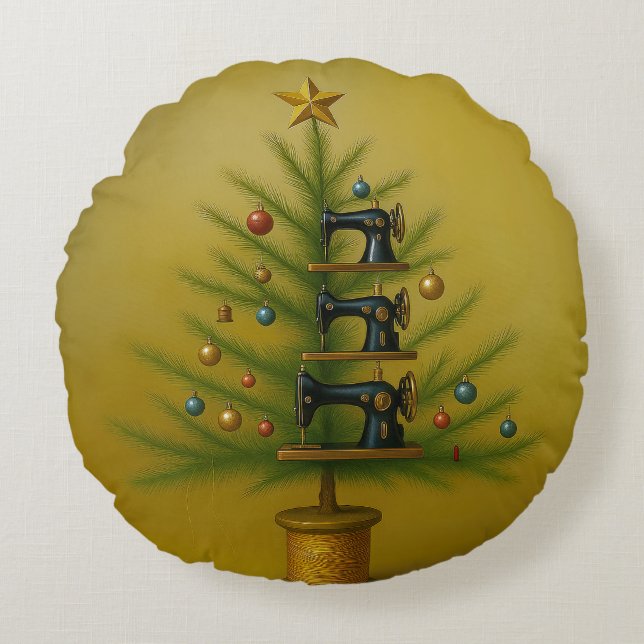 Cojín Redondo Sewing machine Christmas tree Happy Crafty Xmas (Anverso)