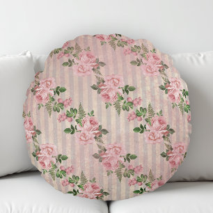 Cojín Redondo Shabby Chic Floral Grunge Stripes Pink