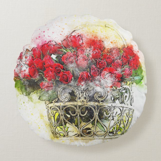 Cojín Redondo Shabby Chic Floral Red Rose Watercolor (Anverso)