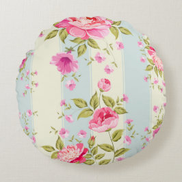 Cojín Redondo Shabby chic, floral, vintage, rosa, azul, creame,