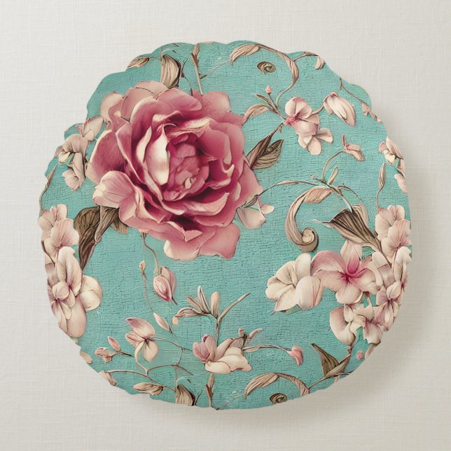 Cojín Redondo Shabby Chic Pink and White Florals on Teal (Anverso)