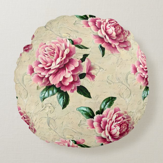 Cojín Redondo Shabby Chic Pink Gardenias (Anverso)