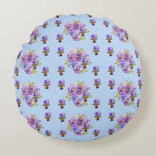 Cojín Redondo Shabby Pansy Floral Blue Gingham Flowers Retro