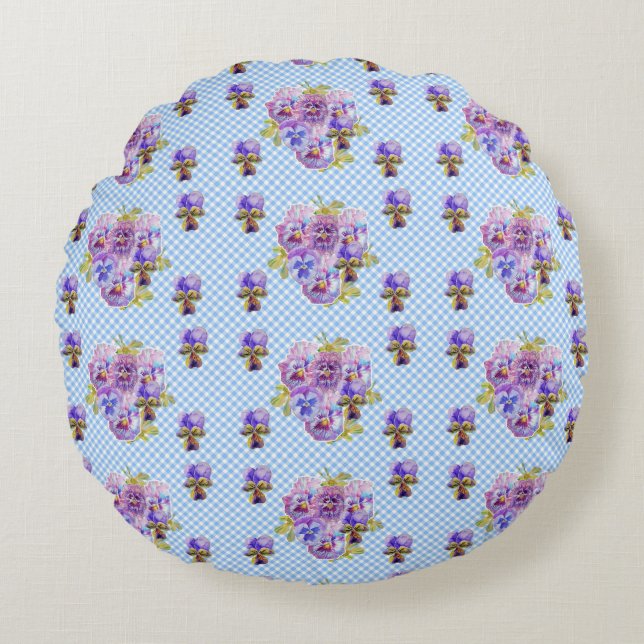 Cojín Redondo Shabby Pansy Floral Blue Gingham Flowers Retro (Anverso)