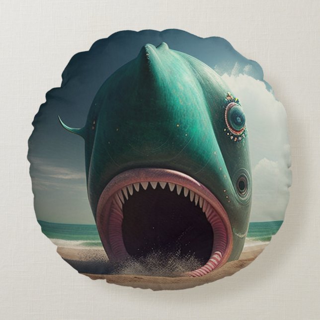 Cojín Redondo Shark sculpture on the beach (Anverso)