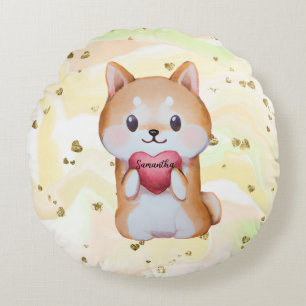 Cojín Redondo Shiba Inu sosteniendo un corazón