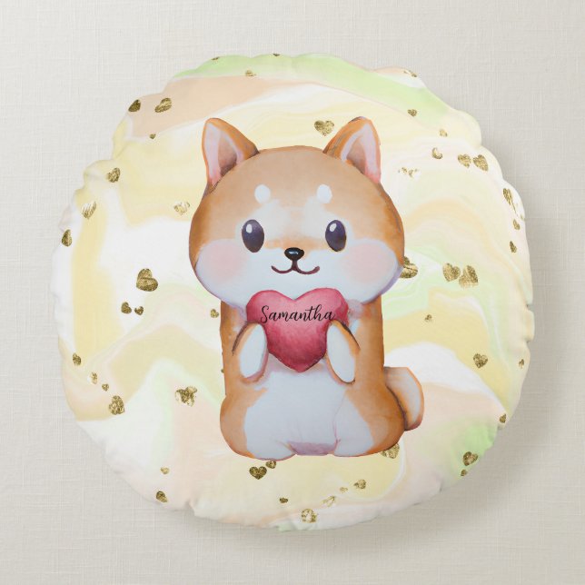 Cojín Redondo Shiba Inu sosteniendo un corazón (Anverso)