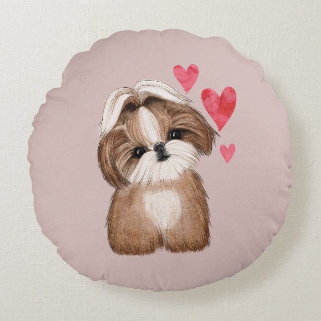 Cojín Redondo Shih Tzu personalizado con un año de nombre (Anverso)