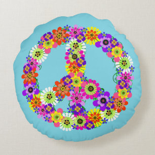 Cojín Redondo Signo de paz floral en azul