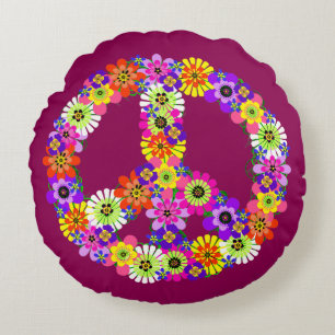 Cojín Redondo Signo de paz floral en frambuesa