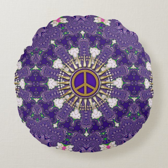 Cojín Redondo Signo de paz morado y dorado Mandala (Anverso)