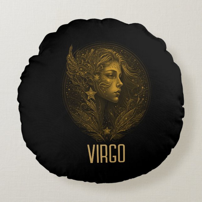 Cojín Redondo Signo zodiaco clásico de Virgo Dorado negro (Anverso)