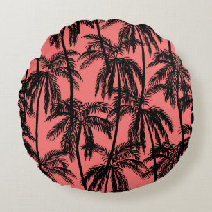 Cojín Redondo Silhouette de palmeras sobre un fondo rosa. Mar