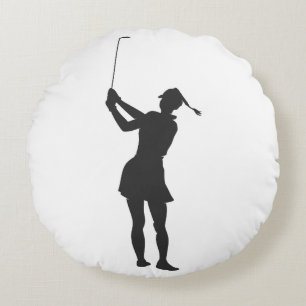 Cojín Redondo Silhouette de una mujer jugando al golf