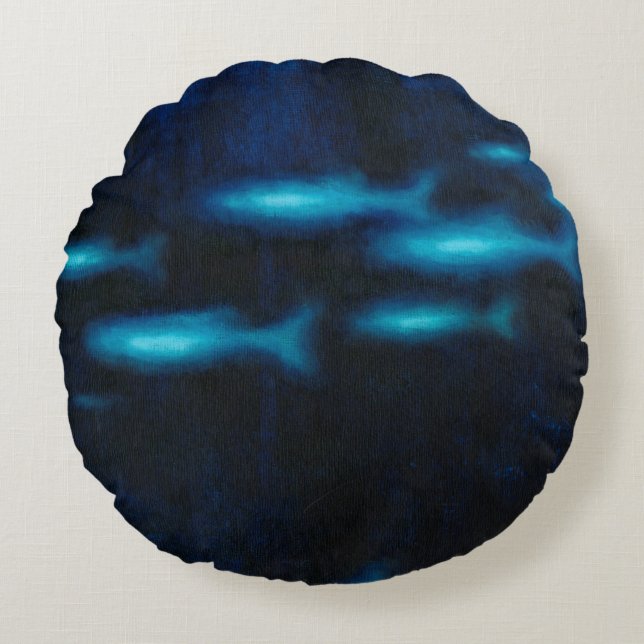 Cojín Redondo Silhouettes azul translucido de peces (Anverso)