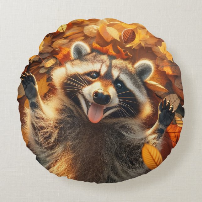 Cojín Redondo Silly Fall Raccoon (Anverso)