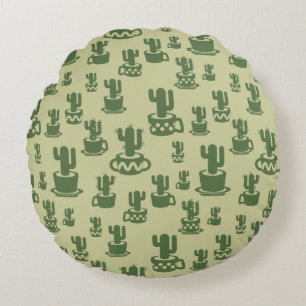 Cojín Redondo Silueta de cactus suculento en tazas y macetas