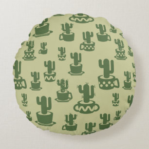 Cojín Redondo Silueta de cactus suculento en tazas y macetas