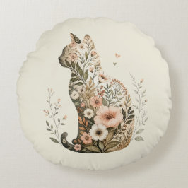 Cojín Redondo Silueta de gato floral boho flor silvestre