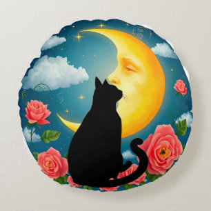 Cojín Redondo Silueta de gato sentado ante la luna