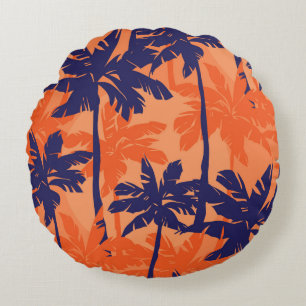 Cojín Redondo Silueta de palmera azul, fondo naranja