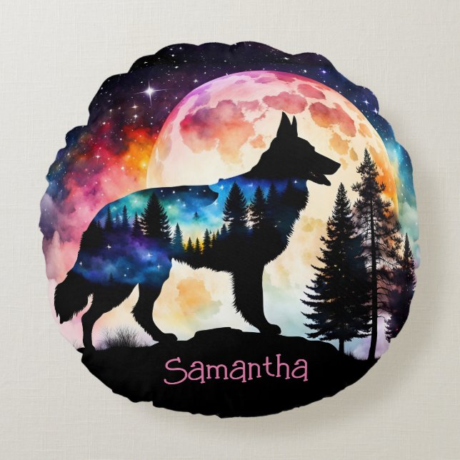 Cojín Redondo Silueta de pastor alemán colorida *Personaliza* (Anverso)