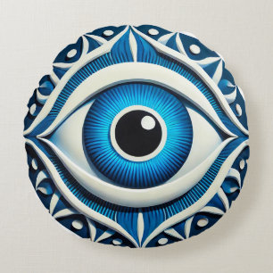 Cojín Redondo Símbolo abstracto del ojo malvado azul estilo prot